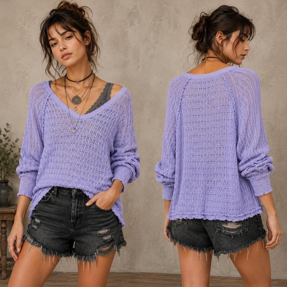 We The Free Sweater Top Womens M Purple Thien's Hacci Open Knit Boho Coastal